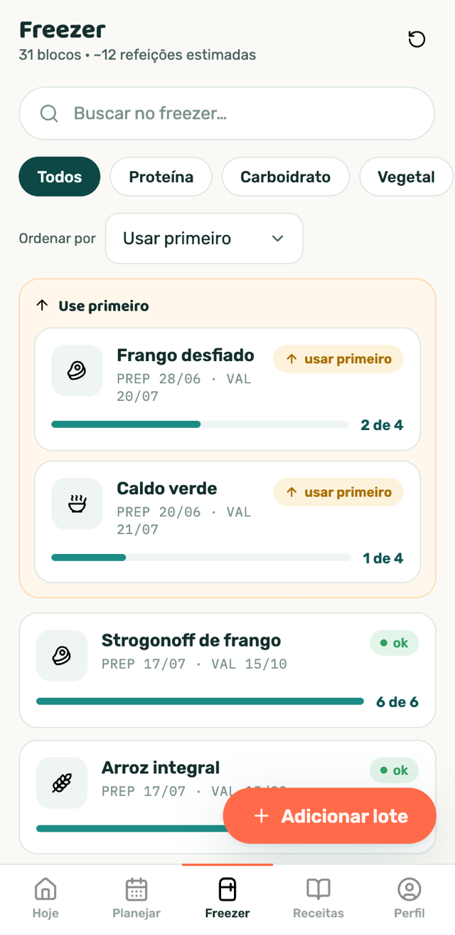 Freezer: estoque com validades e fila use primeiro