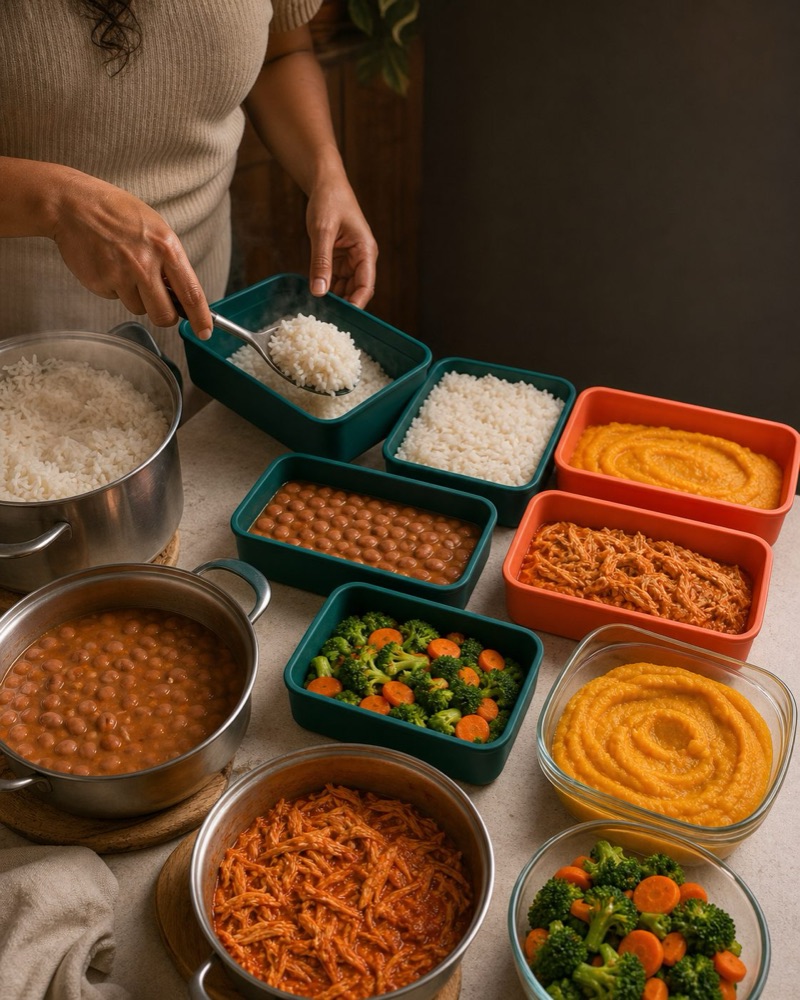 Preparo em lote: porcionando arroz quente nos potes