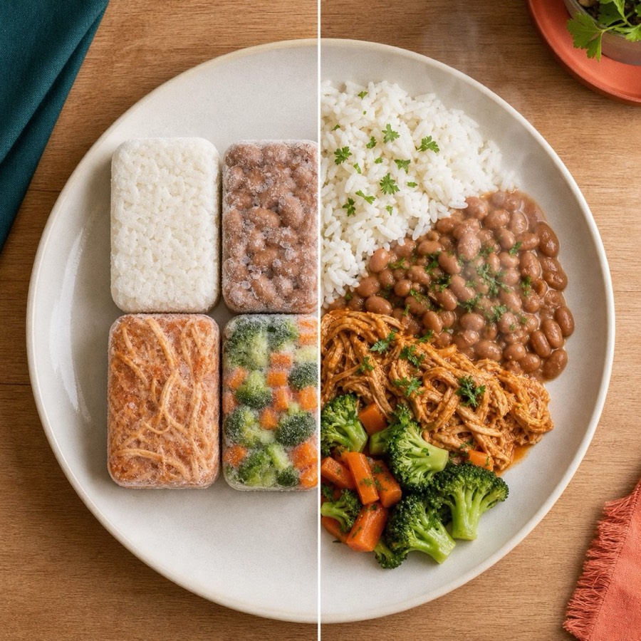 Metade do prato com blocos congelados, metade servida quente — arroz, feijão, frango e legumes